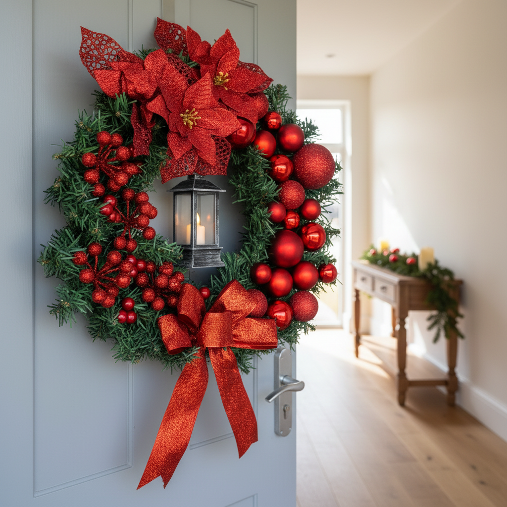 40cm Wreath with Lantern-Christmas Decor-GloBrite-Red-DREIBACH
