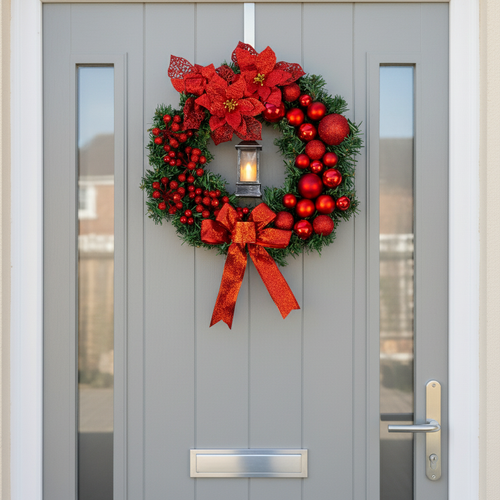 40cm Wreath with Lantern-Christmas Decor-GloBrite-Red-DREIBACH