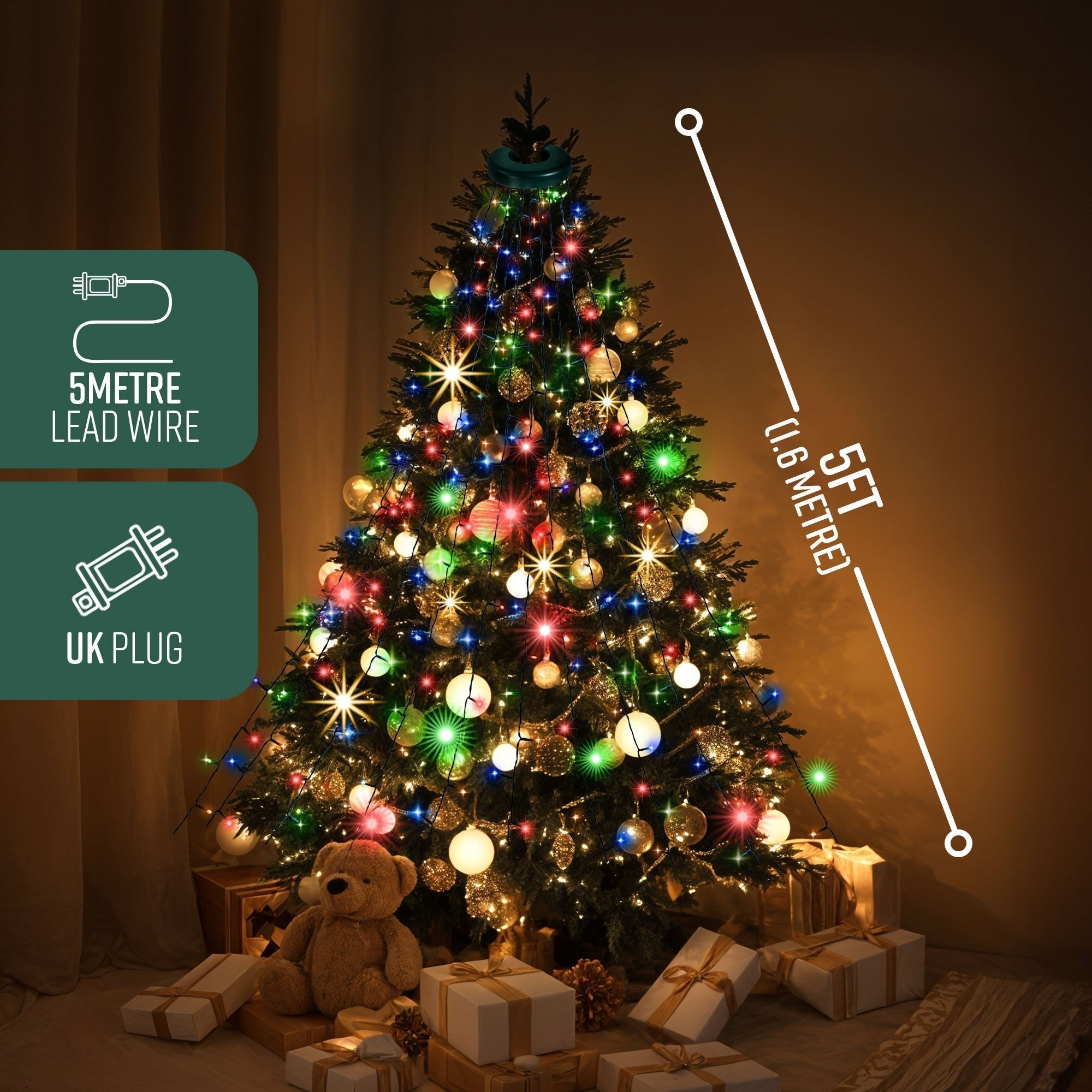 Christmas Tree Lights with Ring - 1.6 m * 16 Lines, 288 LED Xmas Lights, 8 Modes, Memory & Timer, IP44 Waterproof, Indoor & Outdoor Christmas Decorations, 5M Lead Wire (Warm White)-Christmas Decor-GloBrite-5ft - Warm White-DREIBACH