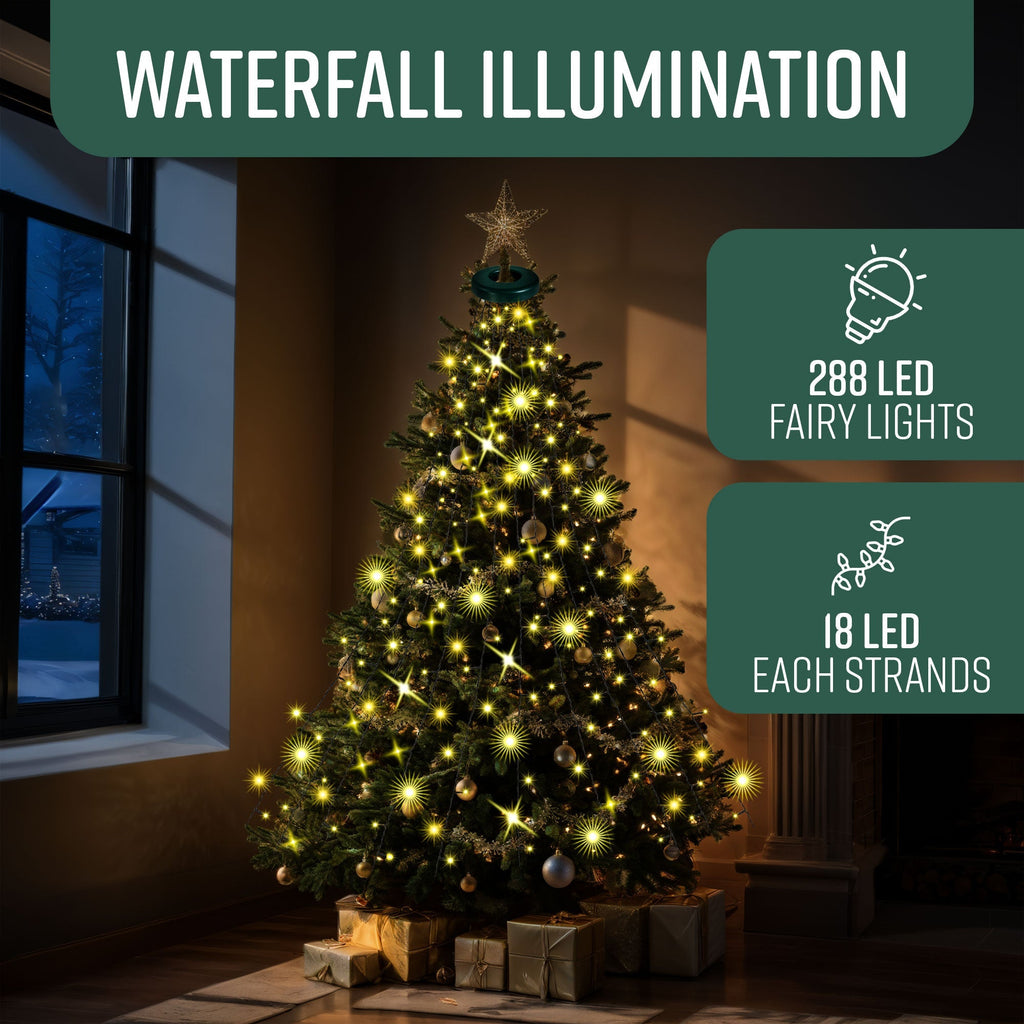 Christmas Tree Lights with Ring - 1.6 m * 16 Lines, 288 LED Xmas Lights, 8 Modes, Memory & Timer, IP44 Waterproof, Indoor & Outdoor Christmas Decorations, 5M Lead Wire (Warm White)-Christmas Decor-GloBrite-5ft - Warm White-DREIBACH
